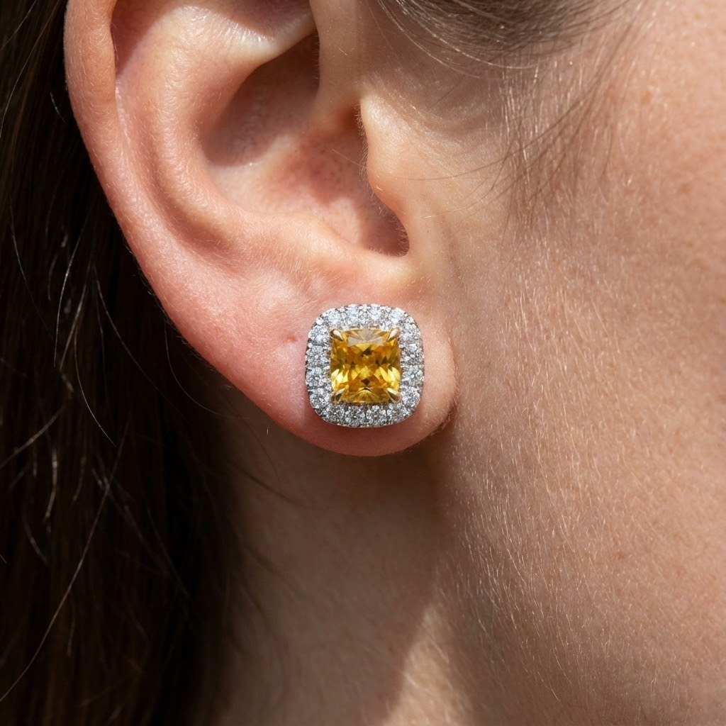 Two Tone Cushion Madeira Citrine Natural Earth Mined Diamond Stud Halo Earrings 13 Carats