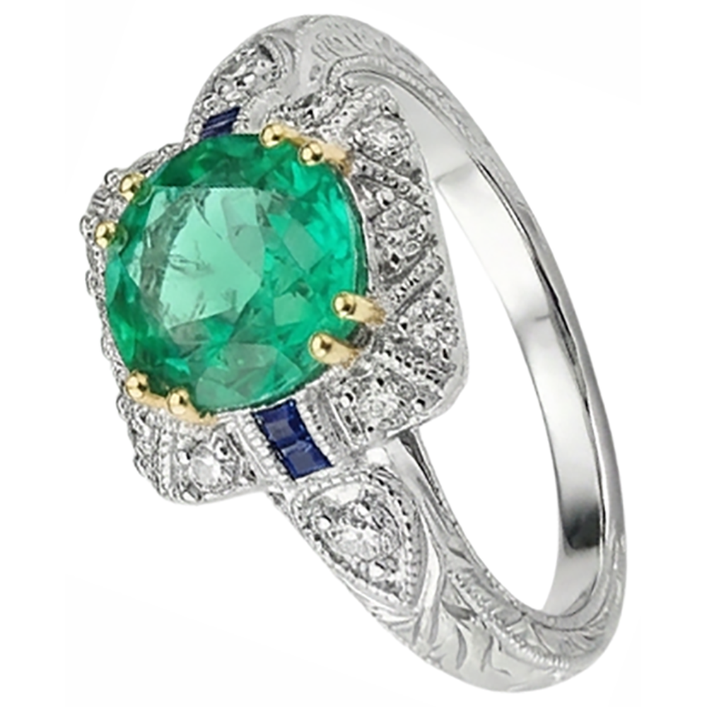 Natural Real ( Not Lab Grown ) Vintage Look Green Emerald GIA Ring With Blue Sapphire & Diamonds