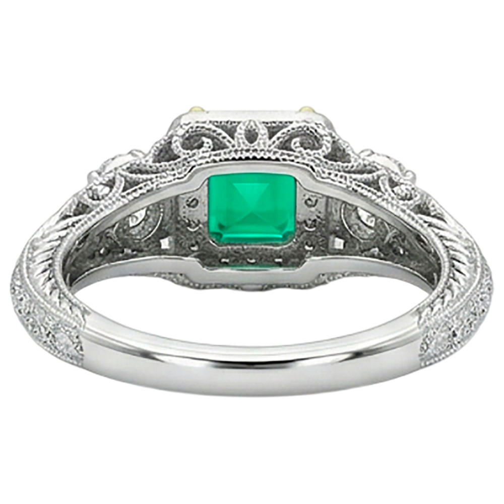 Natural Real ( Not Lab Grown ) Vintage Look Green Emerald GIA With Diamonds Ring Asscher Cut