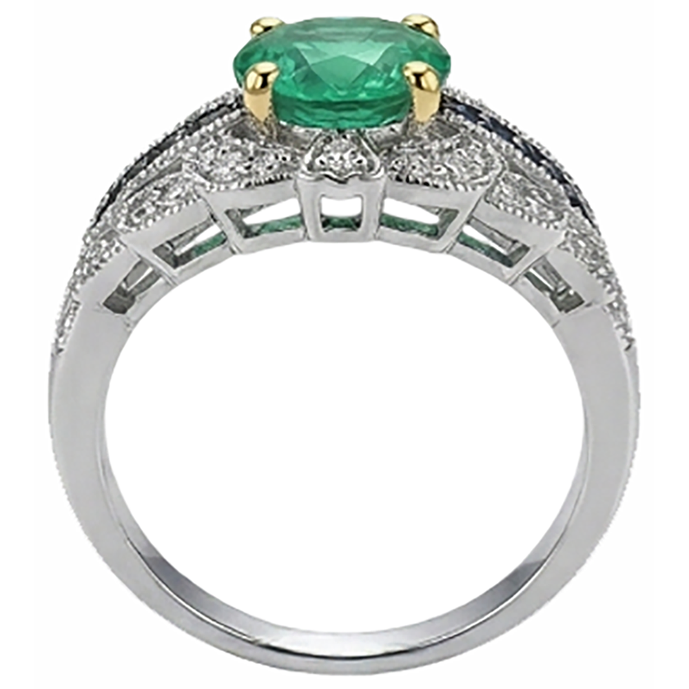 Natural Real ( Not Lab Grown ) Vintage Style Green Emerald GIA Ring With Diamonds Blue Sapphire Gemstones