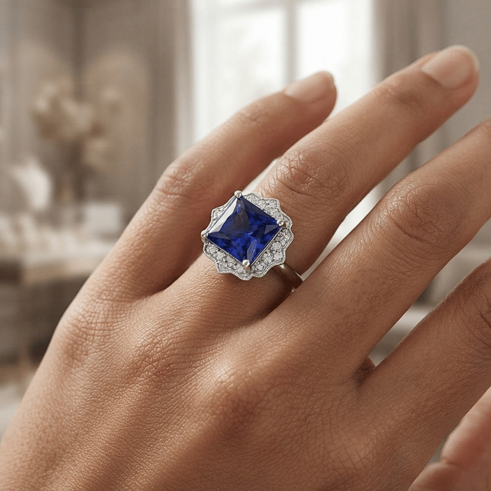 Vintage Style Natural Earth Mined Diamond Halo Ring Ceylon Sapphire Gemstone 6 Carats Gold