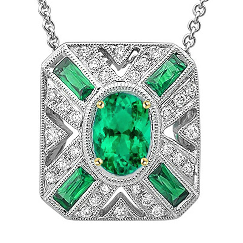 Vintage Style Oval Green Emerald Diamond Pendant Milgrain