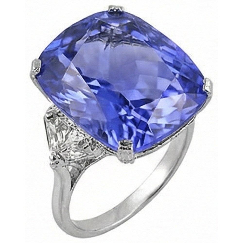 WG 14K AAA Cushion Tanzanite & Trillion Natural Earth Mined Diamonds 6.30 Ct. 3 Stone Ring