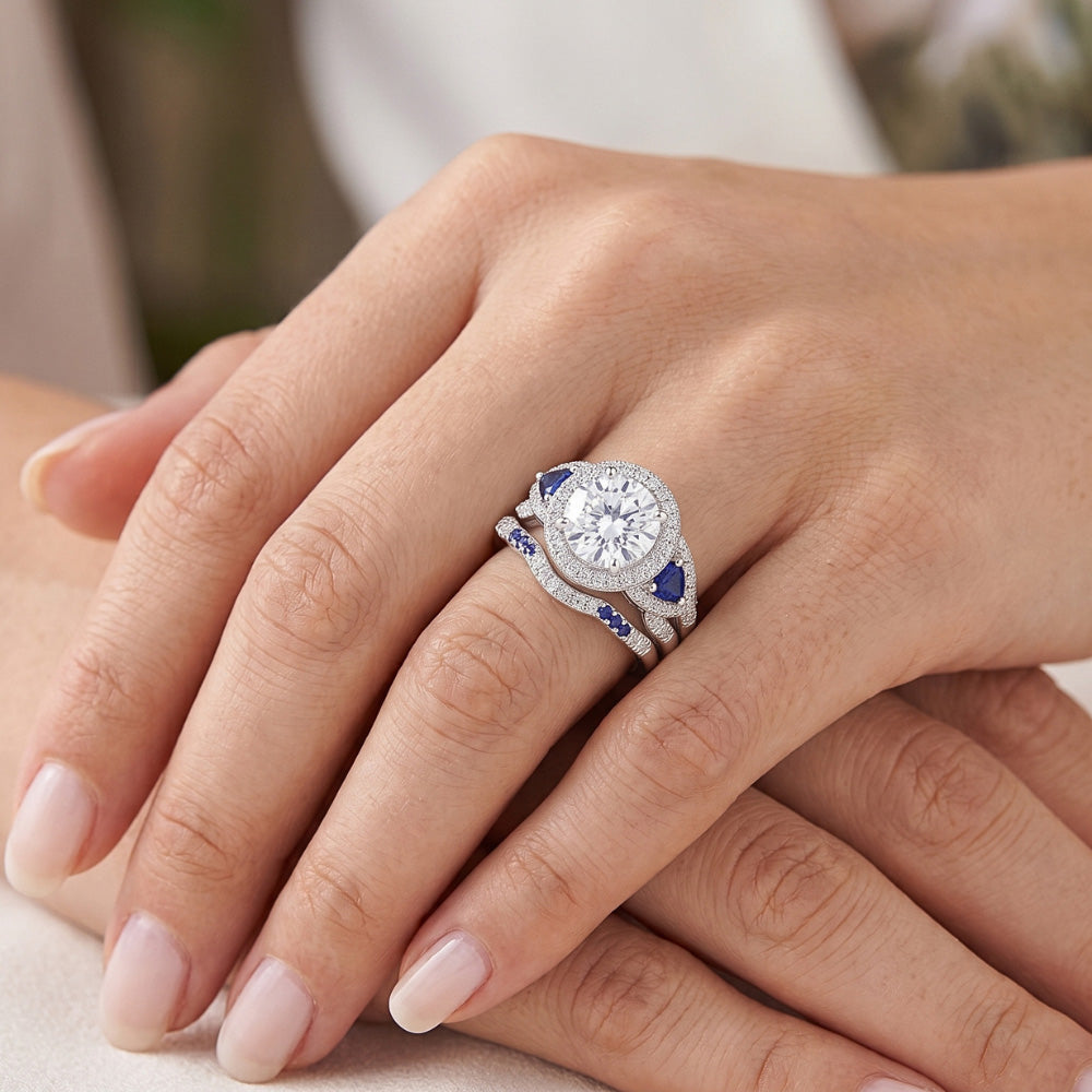 Wedding Band Set Natural Earth Mined Diamond Blue Sapphire 5 Carats Women Jewelry