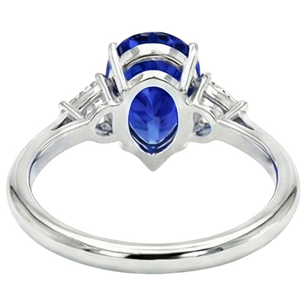White Gold 3 Stone Ring Blue Sapphire & Trillion Natural Earth Mined Diamonds 2.25 Carats