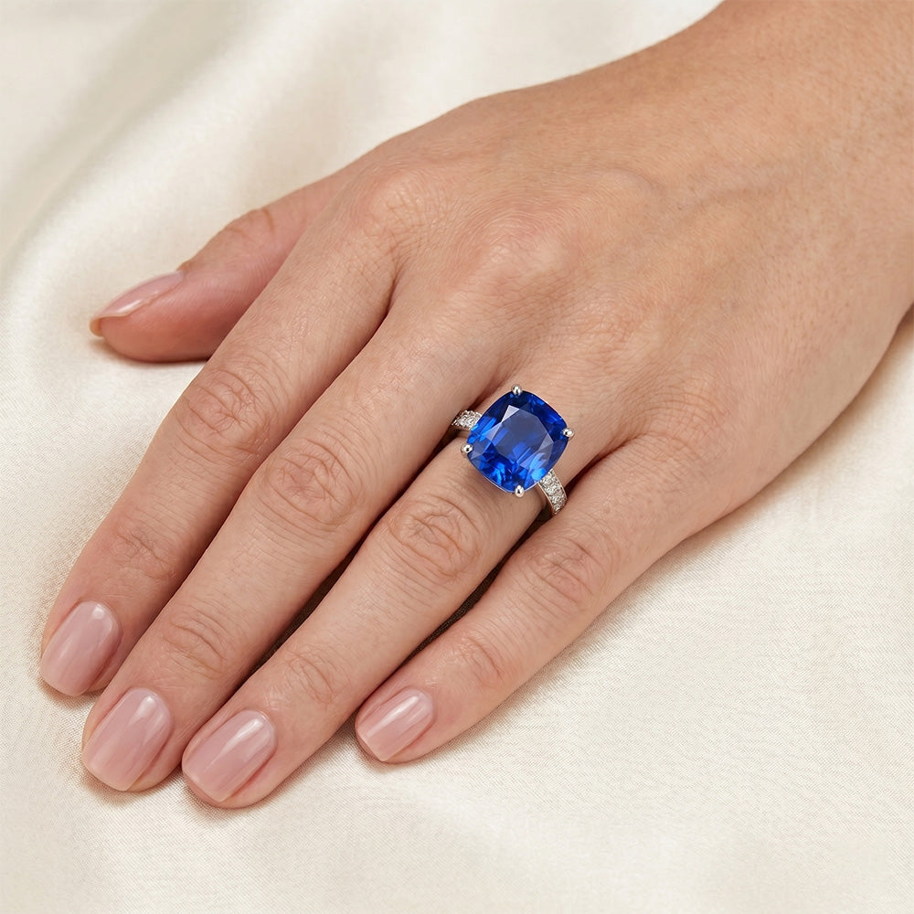 White Gold Natural Earth Mined Diamond Ring Cushion Ceylon Sapphire Accented 6 Carats