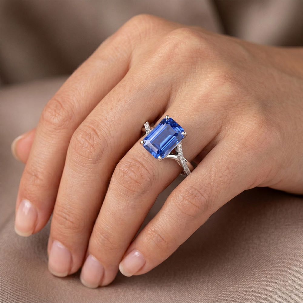 White Gold Natural Earth Mined Diamond & Emerald Cut Sri Lankan Sapphire Ring 5.25 Carats