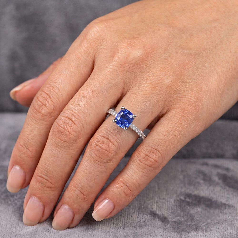 White Gold Solitaire Blue Sapphire Ring & Accented Natural Earth Mined Diamond 2.50 Carats