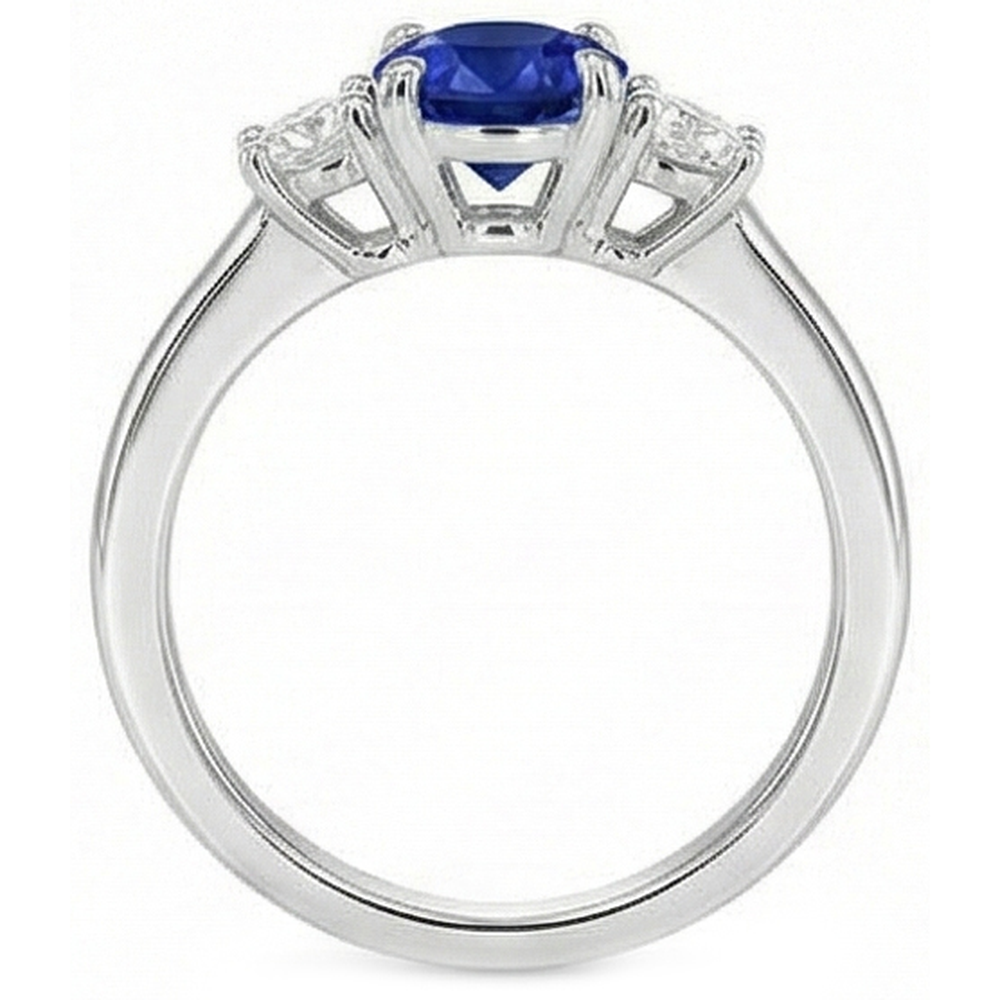 White Gold Three Stone Ceylon Sapphire Ring & Round Natural Earth Mined Diamonds 2 Carats
