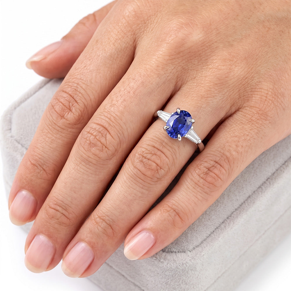 White Gold Three Stone Ring Ceylon Sapphire & Natural Earth Mined Diamonds 2.50 Carats