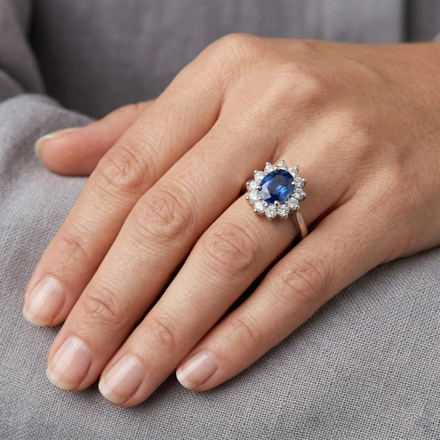 White Gold 14K Halo Natural Earth Mined Diamond And Ceylon Sapphire Ring 3.20 Ct.