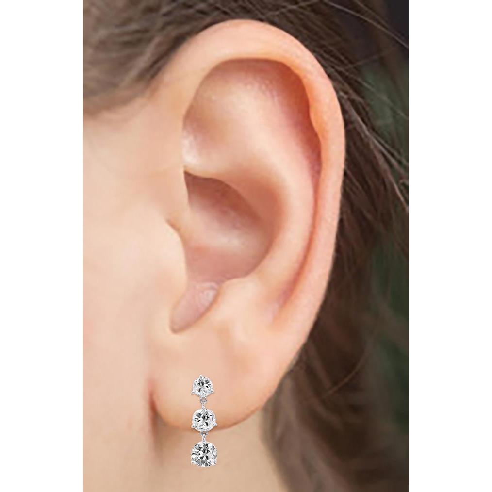 White Gold 3 Stone Real Natural Earth Mined Diamond Drop Earrings Round Old Mine Cut 6 Carats