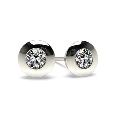 White Gold Earrings Earth Mined Diamond 2 Carats Round Old Miner Bezel Style