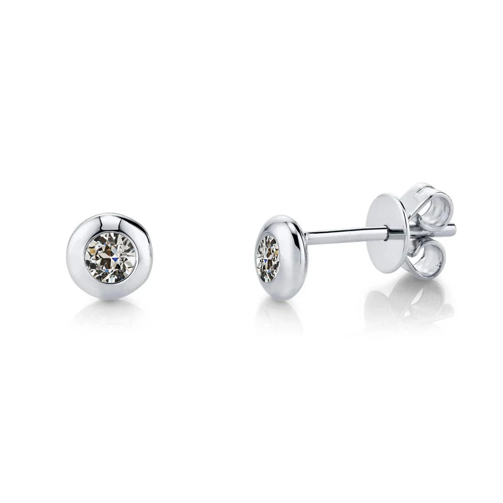 White Gold Earth Mined Diamond Stud Earrings 1 Carat Old Mine Cut Bezel Set