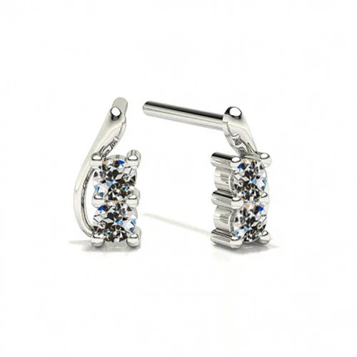 White Gold Handle Stud Earrings 2 Carats Round Old Cut Earth Mined Diamond