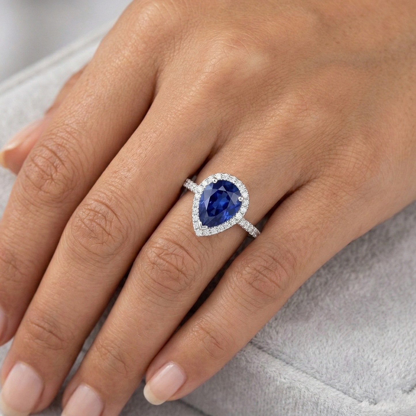 White Gold Jewelry 3.25 Carats Pear Natural Earth Mined Diamond And Sapphire Ring