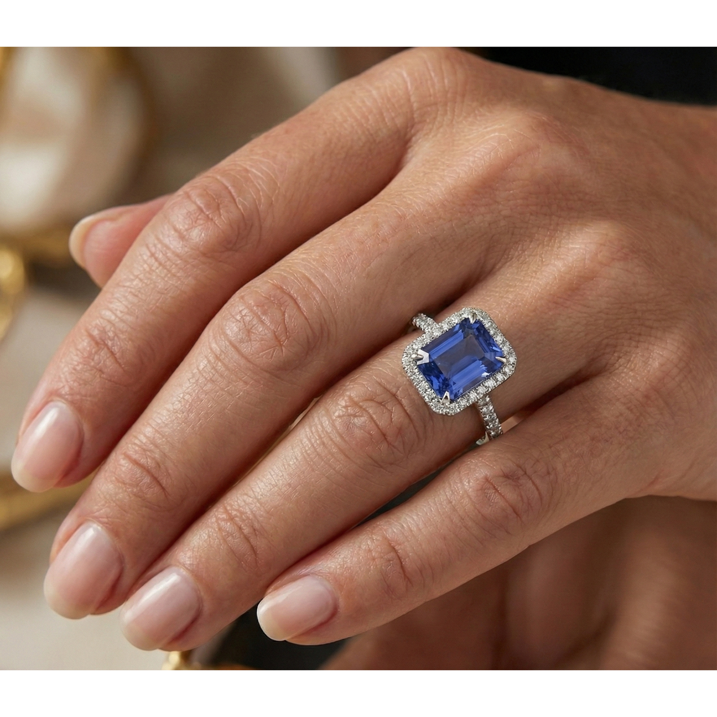 White Gold Natural Earth Mined Diamond Ring Women's Halo Radiant Cut Sapphire 4 Carats