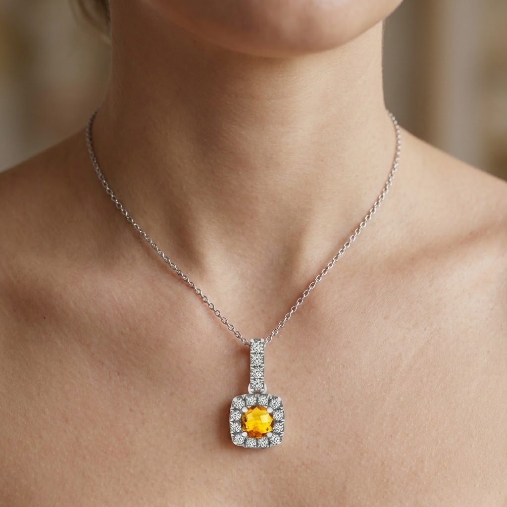 White Gold 11 Ct Halo Madeira Citrine & Natural Earth Mined Diamonds Pendant Prong Set