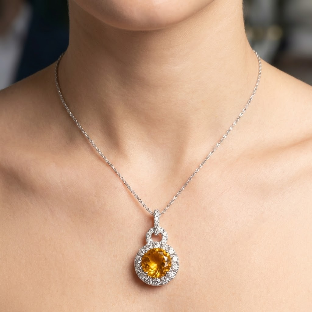 White Gold Madeira Citrine & Natural Earth Mined Diamonds 11 Ct Pendant With Chain