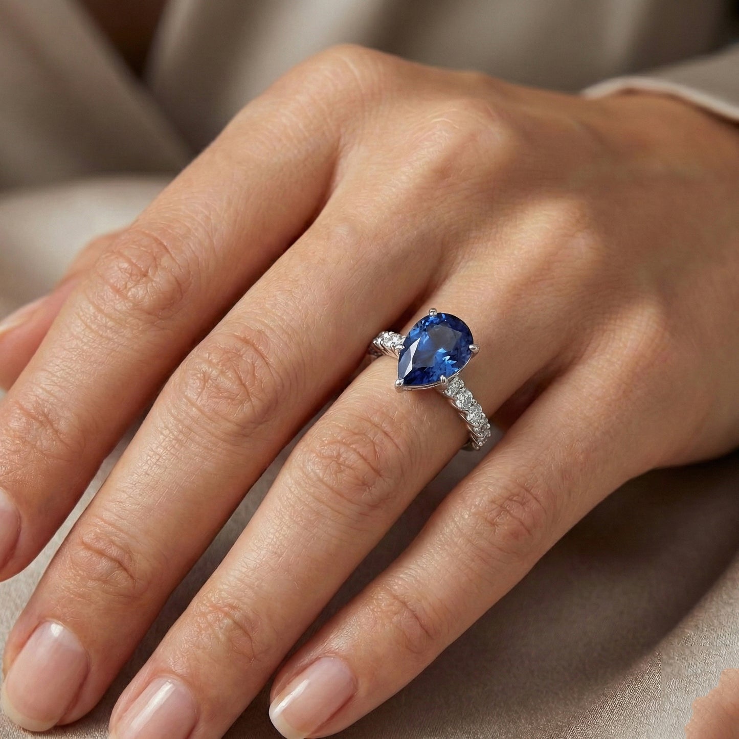 Natural Real ( Not Lab Grown ) White Gold Pear Blue Sapphire With Accents Ring 3.50 Women's Jewelry