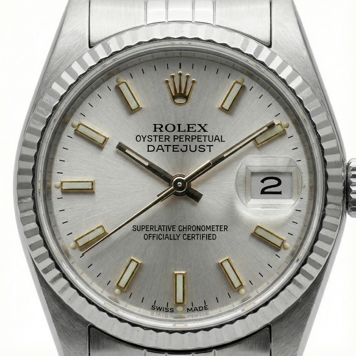 White Luminous Dial Rolex Date Just Ss Watch Fluted Bezel Datejust