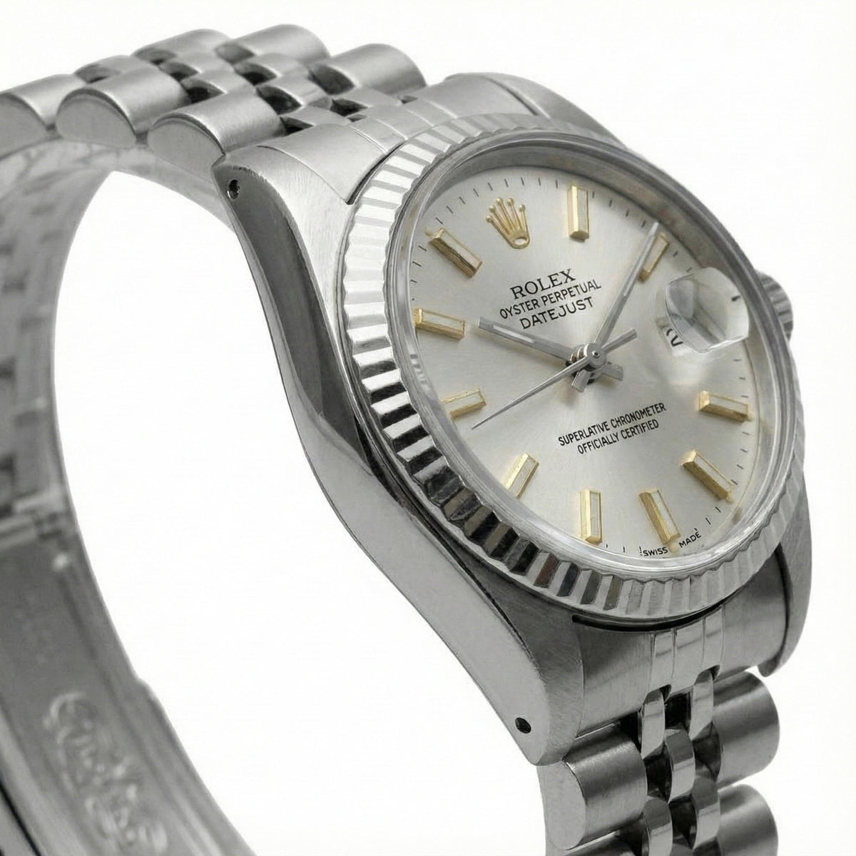 White Luminous Dial Rolex Date Just Ss Watch Fluted Bezel Datejust
