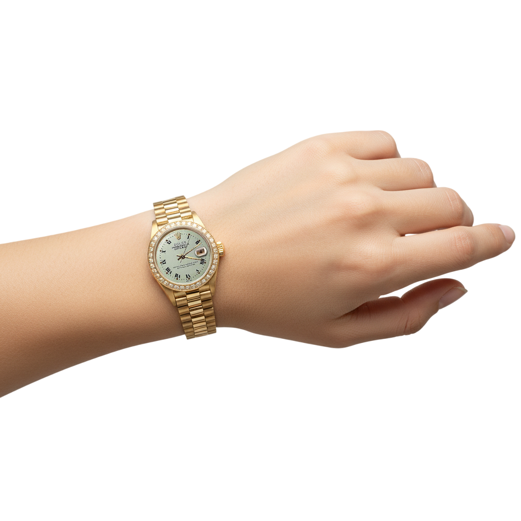 White Roman Dial Diamond Bezel Rolex Dj Watch President Style Yg P2