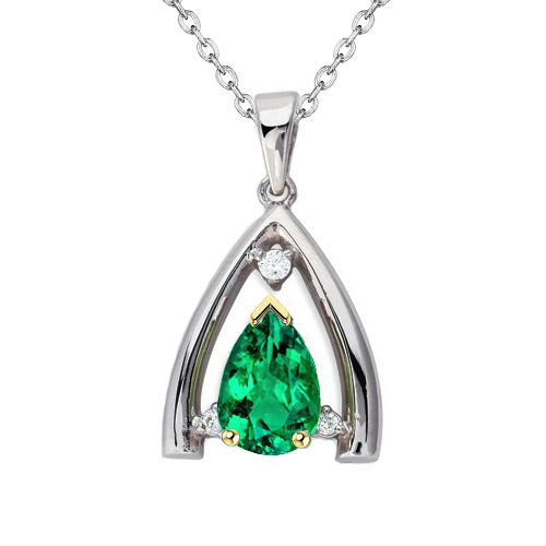 Wishbone Necklace Colombian Green Emerald With Diamonds Pendant
