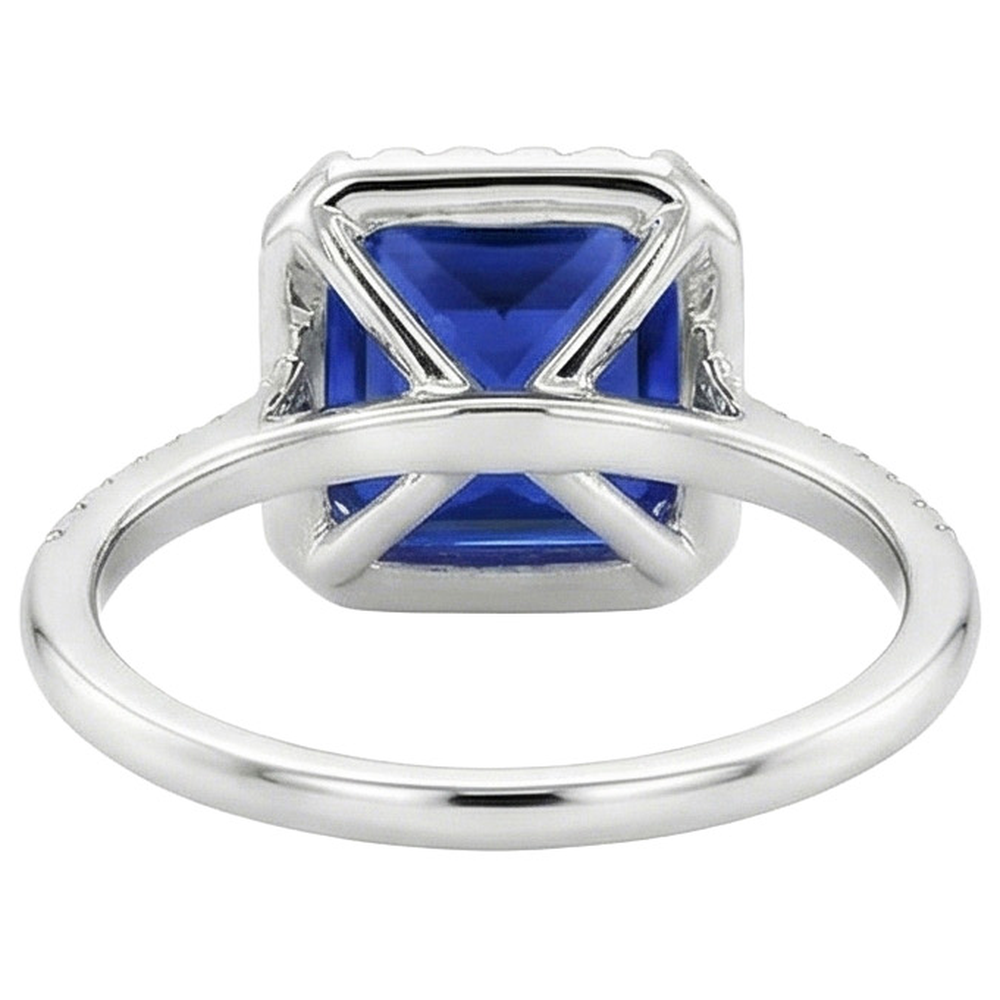 Women Halo Ring Princess Blue Sapphire With Pave Natural Earth Mined Diamonds 5.50 Carats