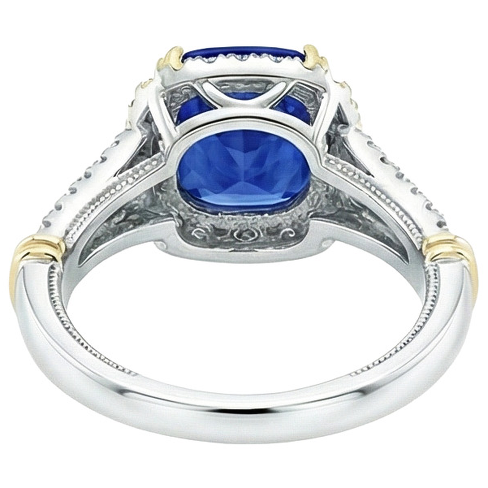 Women Two Tone Natural Earth Mined Diamond Ring Cushion Blue Sapphire Gold 14K 3.25 Carats