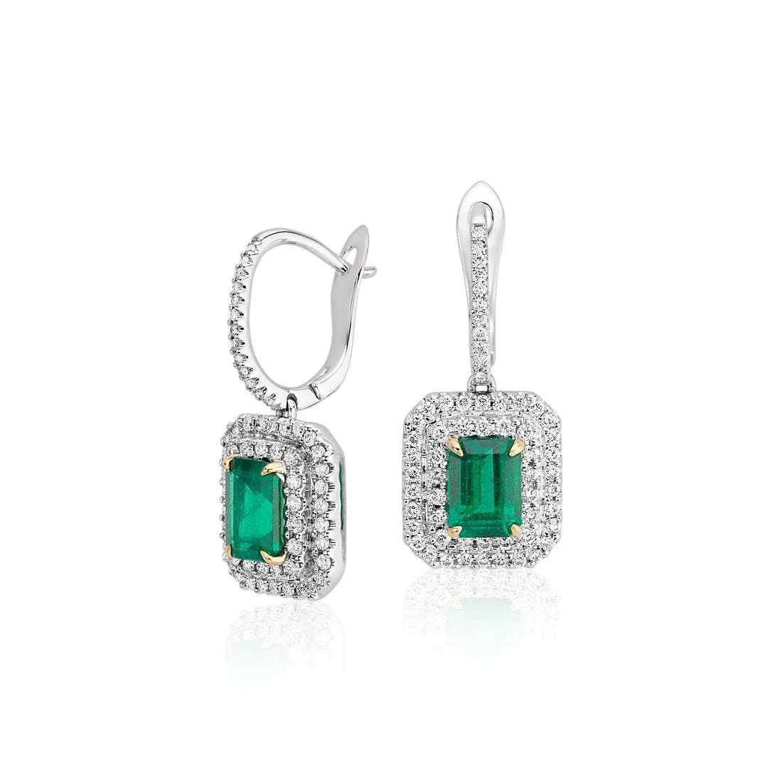 Women Dangle Earrings 6 Ct Colombian Green Emerald With Natural Earth Mined Diamonds Two Tone Gold 14K