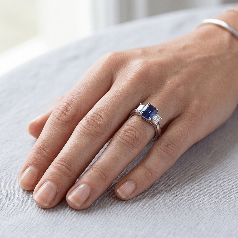 Women's Gold 3 Stone Natural Earth Mined Diamond Sapphire Ring U Prong Set 1.25 Carats