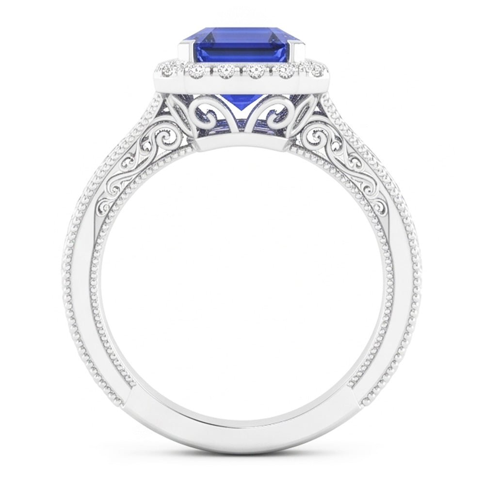Women's Natural Earth Mined Diamond Halo Ring 2 Carats Srilankan Sapphire Gold Filigree