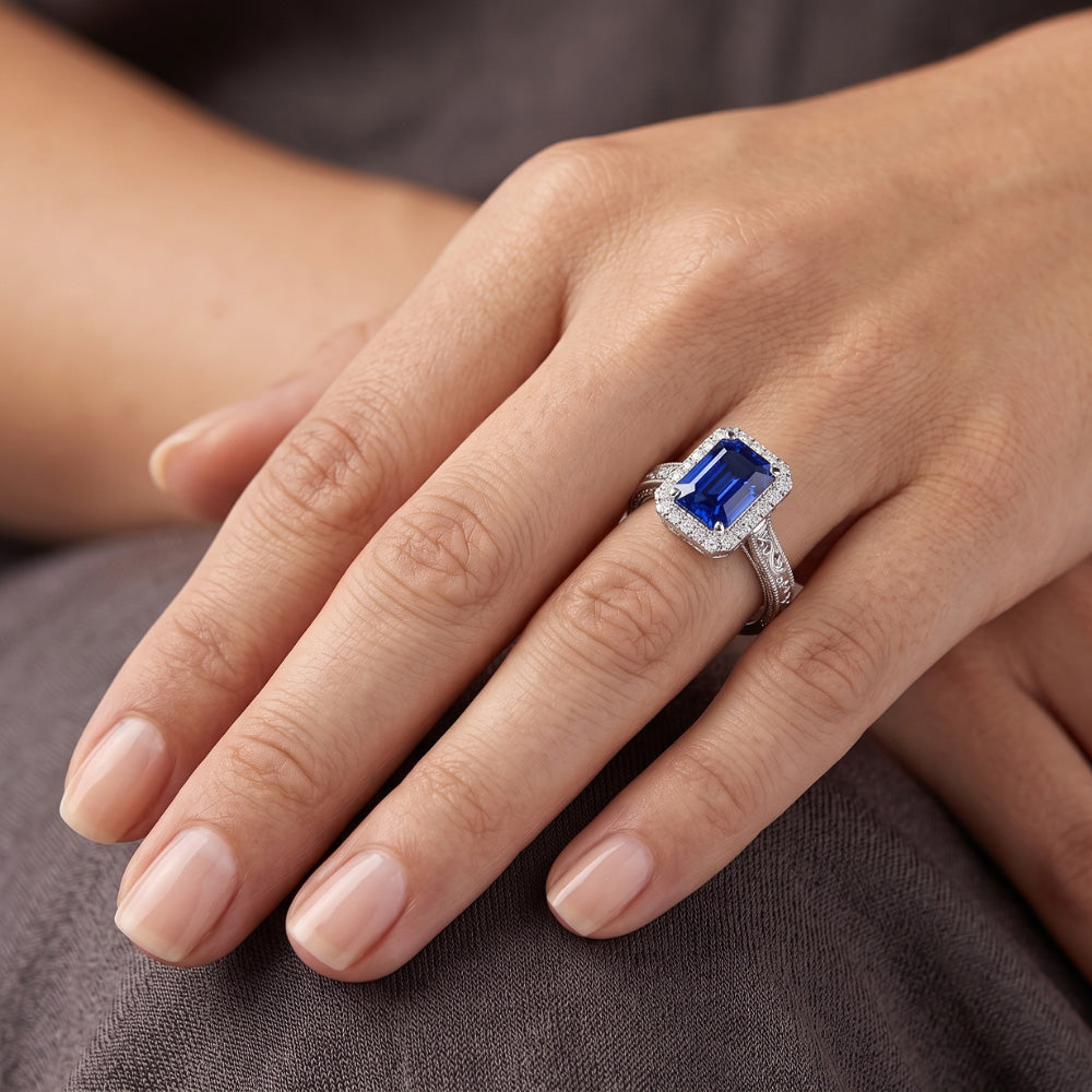 Women's Natural Earth Mined Diamond Halo Ring 2 Carats Srilankan Sapphire Gold Filigree