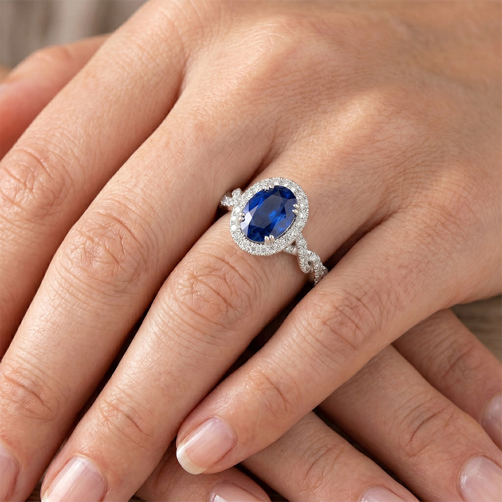 Women's Natural Earth Mined Diamond Halo Ring White Gold 4.50 Carats Blue Sapphire Jewelry