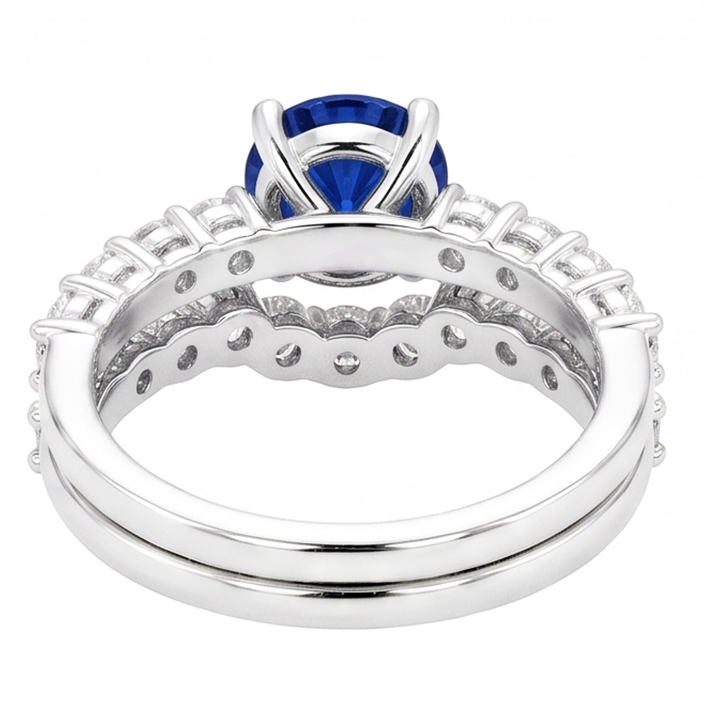 Women's Natural Earth Mined Diamond Round Blue Sapphire Engagement Ring Set 4.50 Carats