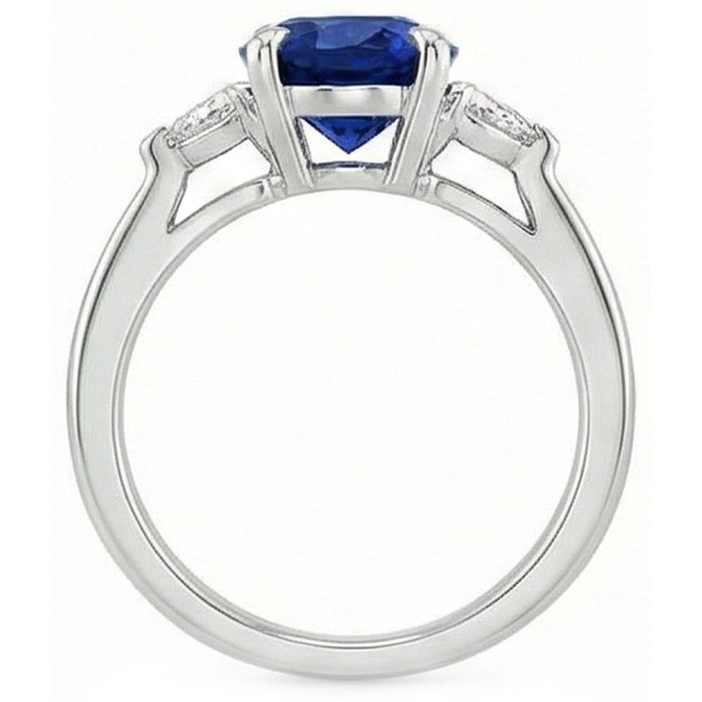 Womens 3 Stone Oval Blue Sapphire & Trillion Cut Natural Earth Mined Diamond Ring 3 Carats