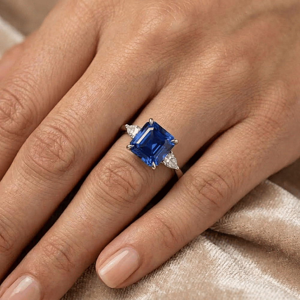 Womens 3 Stone Pear Natural Earth Mined Diamond & Cushion Blue Sapphire Ring 2.50 Carats