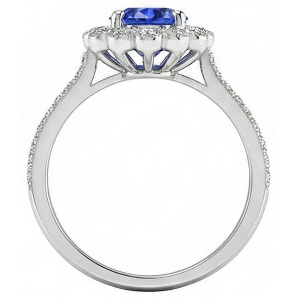 Natural Real ( Not Lab Grown ) Womens Halo Flower Style Blue Sapphire Ring 3 Carats Cathedral Setting