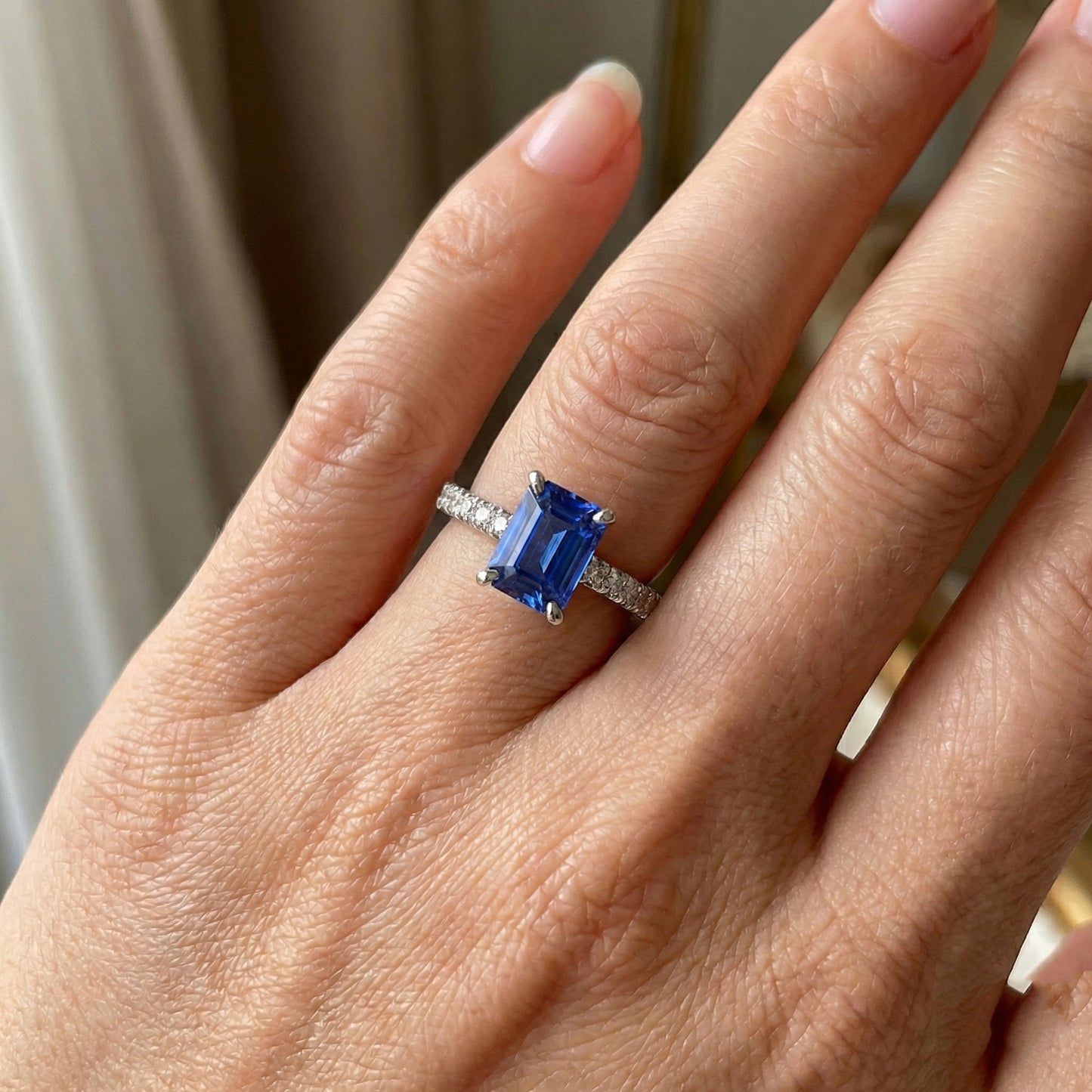 Womens Sapphire Ring Radiant With Pave Set Natural Earth Mined Diamond Accents 3.50 Carats