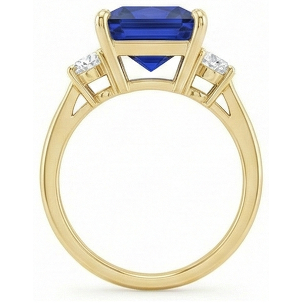 Yellow Gold 3 Stone Ring Princess Blue Sapphire & Natural Earth Mined Diamonds 5.25 Carats