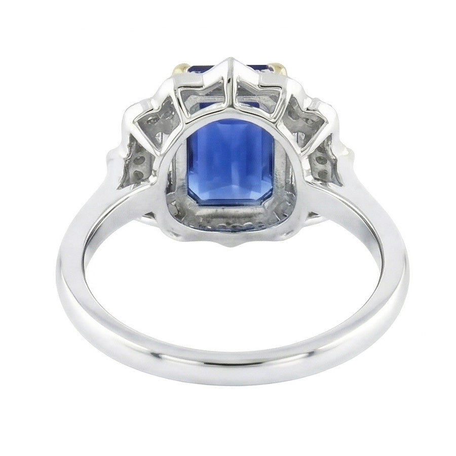 Yellow & White Gold Emerald Cut Blue Sapphire Natural Earth Mined Diamond Ring 6.75 Carats