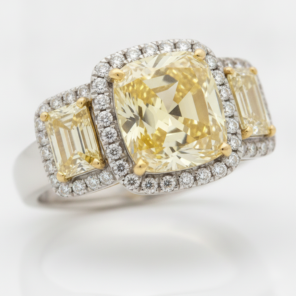 Fancy Yellow Cushion Three Stone Trapezoid Halo Ring Natural Platinum 18K Yellow Gold