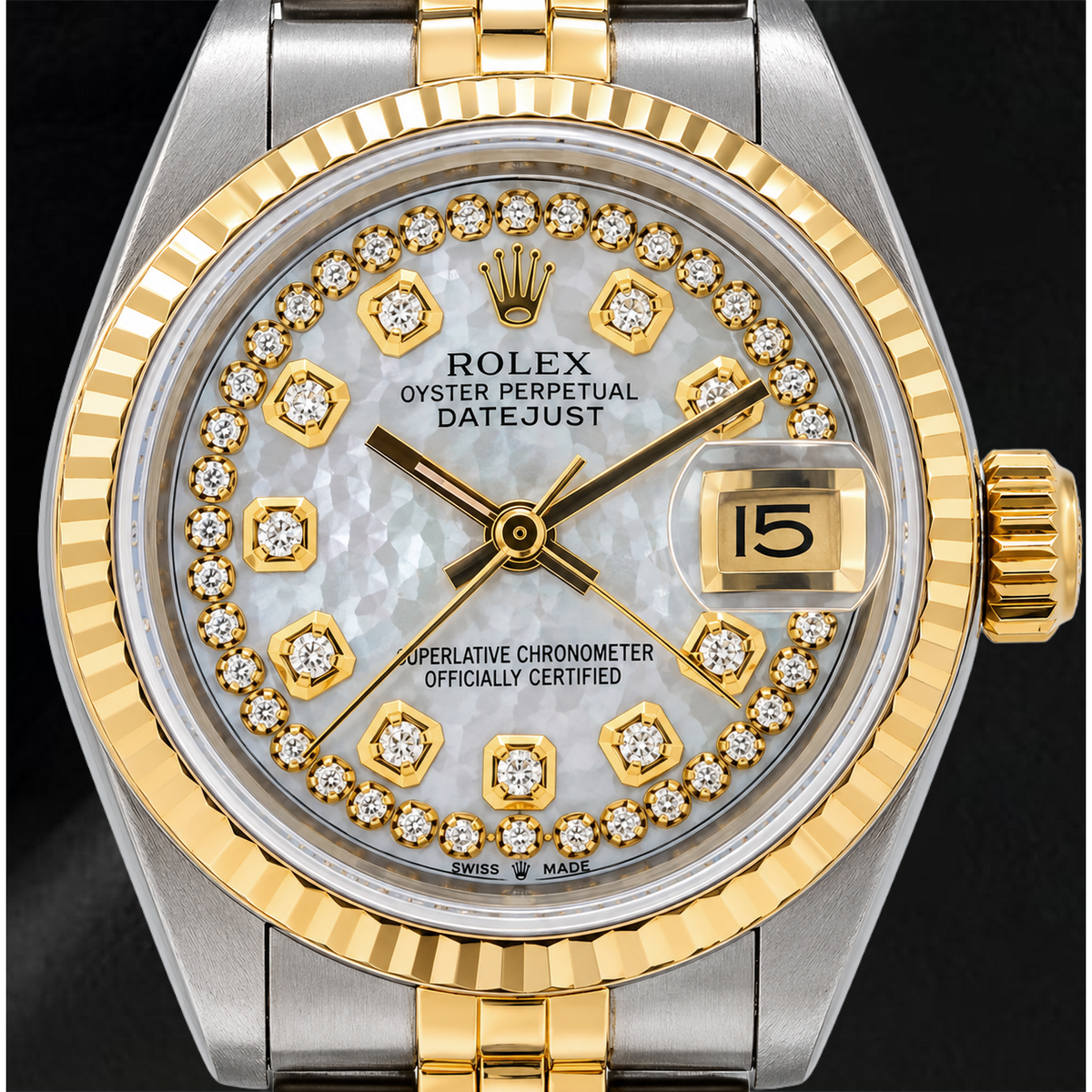 Rolex Datejust 69173 26mm White Mother of Pearl String Diamond Dial Two Tone Jubilee Bracelet Watch