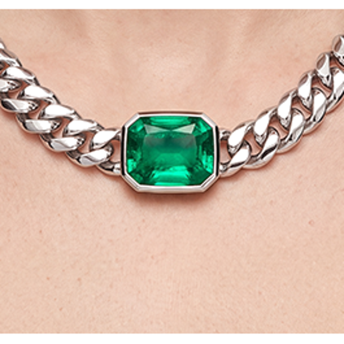 Green Emerald Necklace 10 Carat Lab Grown IGI Certified Emerald Cut Miami Cuban Chain 16 Inch 14K White Gold