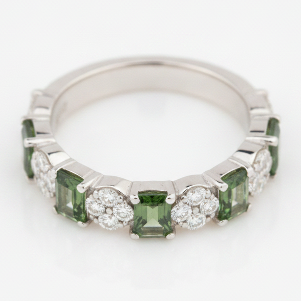 Green Tourmaline and Diamond Zigzag Band Ring Natural 18K White Gold