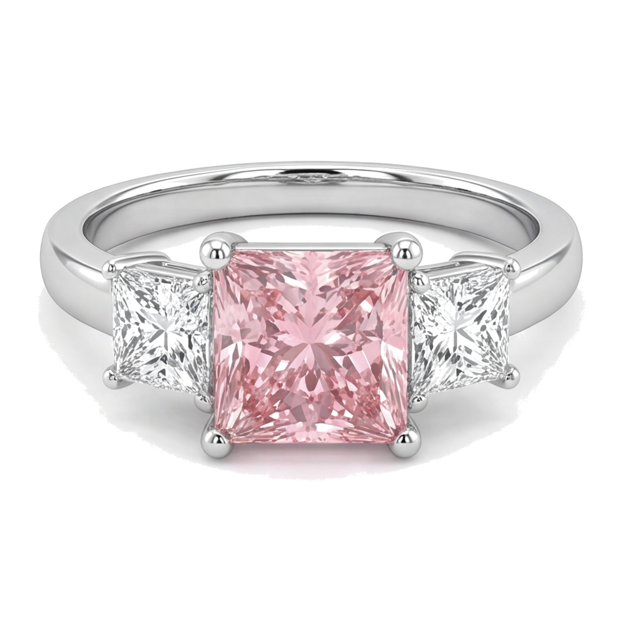 Pink Diamond Ring 4.5 Carat Lab Grown Princess Three Stone 14K White Gold