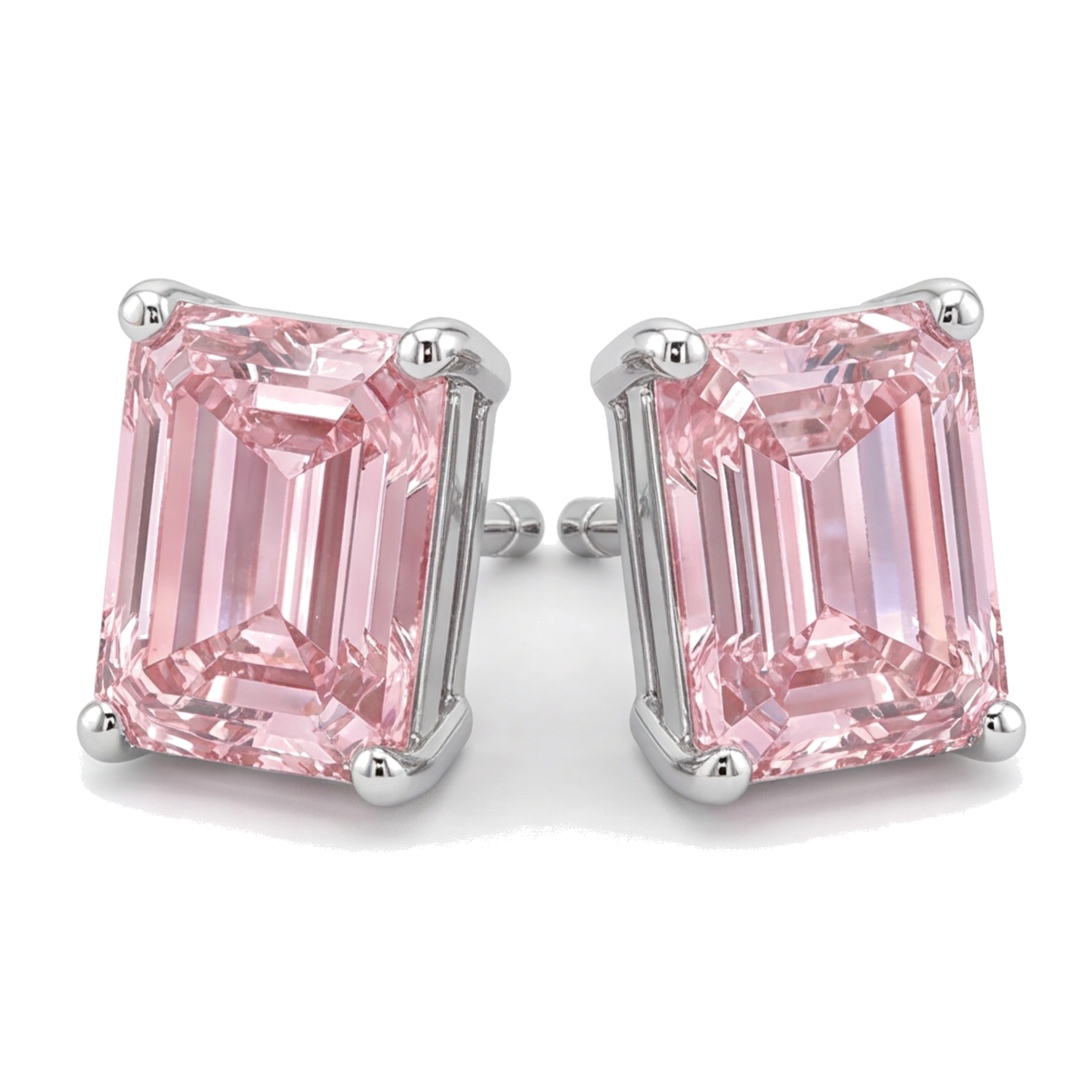 Pink Diamond Stud Earrings 3 Carat Lab Grown Emerald Cut 14K White Gold