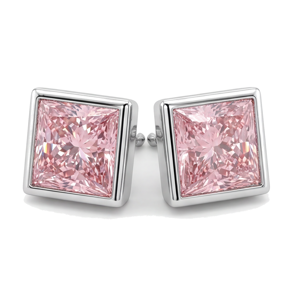 Pink Diamond Stud Earrings 3 Carat Lab Grown Princess Bezel 14K White Gold