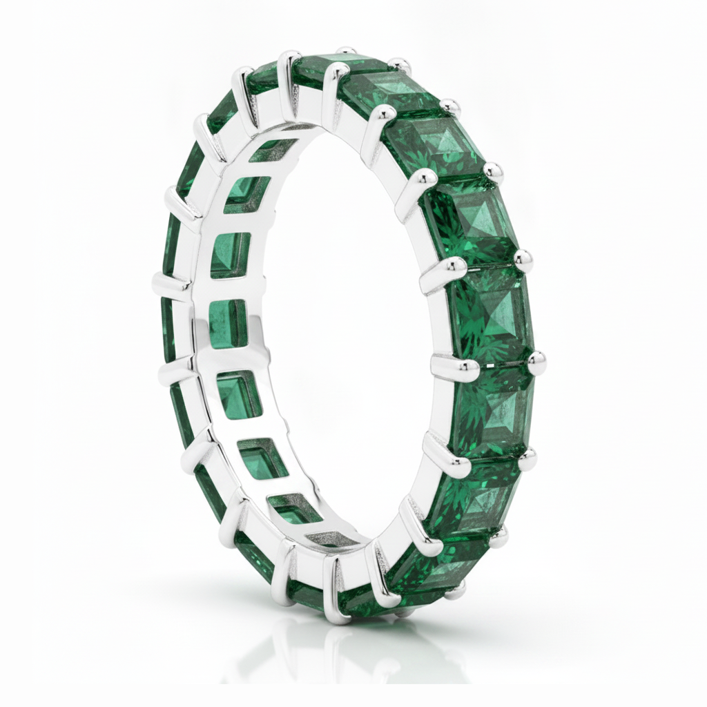 Princess Cut Emerald Full Eternity Band Ring Natural 18K White Gold